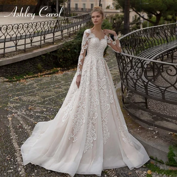 Свадебное платье трапециевидной формы Ashley Carol 2023, Гламурное свадебное платье принцессы с длинными рукавами, расшитое бисером, Vestidos De Novia