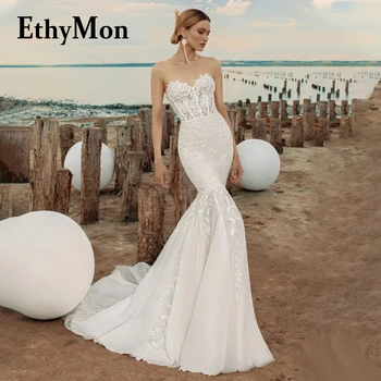 Свадебные платья Ethymon Mermaid с вырезом в виде сердечка для невесты, шлейф на молнии, аппликации без спинки, Vestidos De Novia По индивидуальному заказу