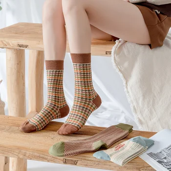 Французские носки с цветочным рисунком, женские носки-трубки, хлопковые японские винтажные носки С геометрическим рисунком в виде хаундстута, Универсальные сезонные носки
