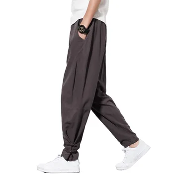Хлопковые льняные мужские брюки с пряжкой в китайском стиле, ретро-леггинсы, повседневные брюки, мужские брюки Harun, летние льняные длинные брюки