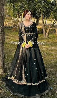 Черный мусульманский костюм Анаркали, платья для выпускного вечера с длинным рукавом, аппликация из золотого кружева, необычный Индийский Арабский кафтан, вечернее платье