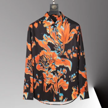 Шелковые мужские рубашки MINGLU с роскошной цифровой печатью в виде оранжевого цветка, мужские рубашки для вечеринок с длинным рукавом, мужские рубашки Four Seasons Slim Fit