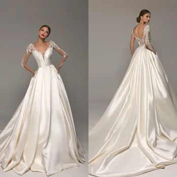 Элегантное атласное свадебное платье с длинным рукавом и V образным вырезом, свадебные платья с кружевной аппликацией, пляжные свадебные платья трапециевидной формы, Vestido de Noiva