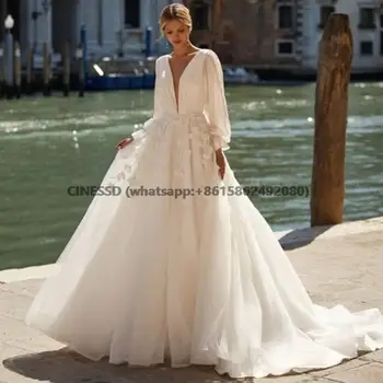 Элегантное свадебное платье из тюля с длинными рукавами и оборками, пышная открытая спина, кружевные аппликации для свадебных платьев