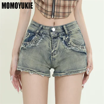 Эстетика Y2K Чувство дизайна Корейский стиль, короткие джинсы с высокой талией, Тонкая Универсальная уличная одежда, повседневные джинсовые шорты в стиле ретро, женские летние